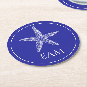 Coastal White Starfish on Navy Blue Monogram Round Paper Coaster
