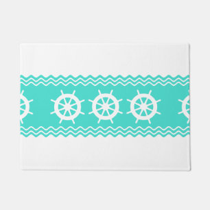 Coastal White Turquoise Helm Stripe Nautical Doormat