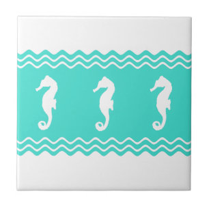 Coastal White Turquoise Ocean Seahorses Ceramic Tile