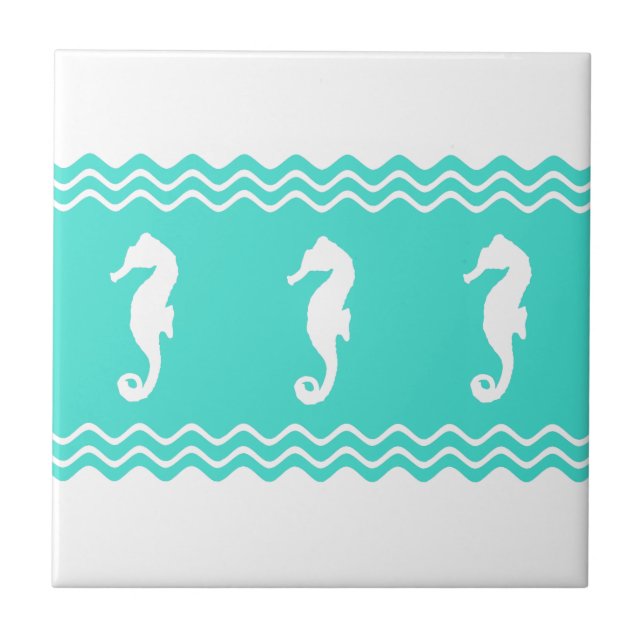 Coastal White Turquoise Ocean Seahorses Ceramic Tile (Front)