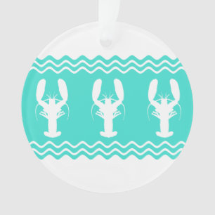Coastal White Turquoise Stripe Lobster Pattern Ornament
