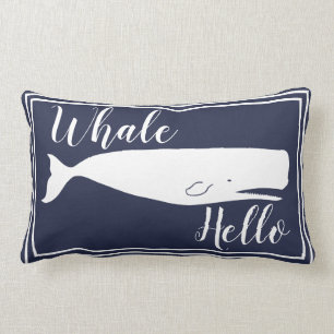 Coastal White Whale Hello & Family Monogram Lumbar Cushion
