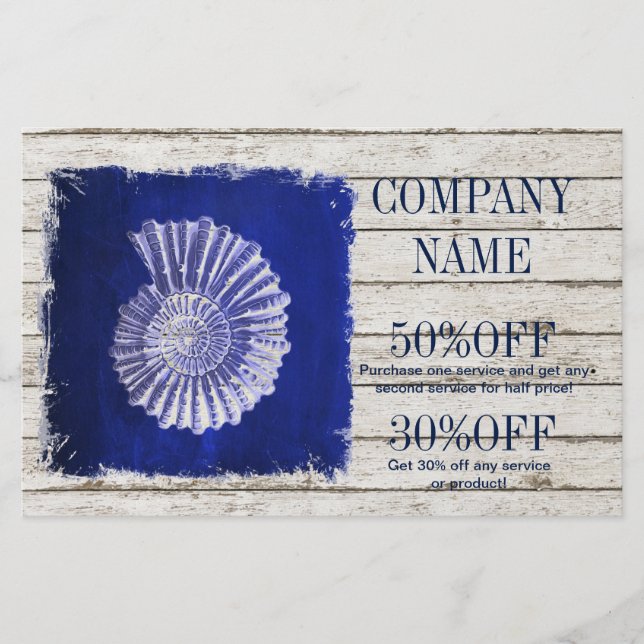 coastal whitewashed wood nautical blue seashells flyer (Front)