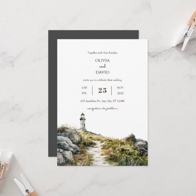 Coastal Wildflower Lighthouse Path Beach Wedding  Invitation (Front/Back In Situ)