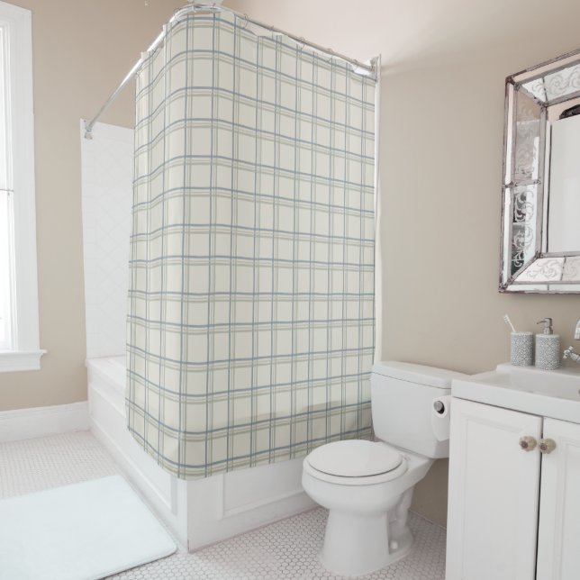 Coastal Windowpane Plaid Pattern in Soft Blue Sage Shower Curtain (In Situ)