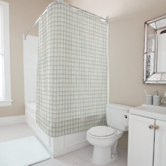 Coastal Windowpane Plaid Pattern in Soft Blue Sage Shower Curtain