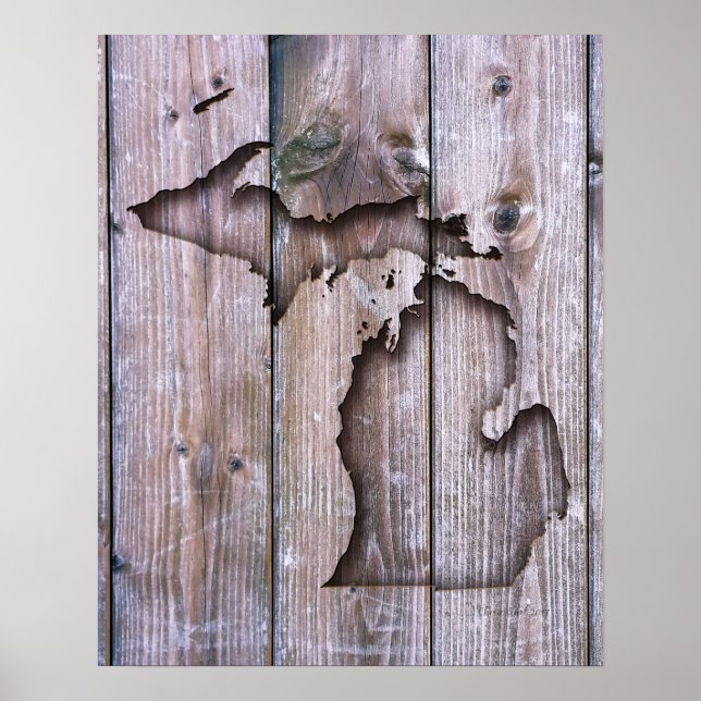 Coastal Wood Carved Michigan | Faux Wood Carving Poster (Front)