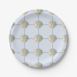 Coastal Yellow and Blue Painted Seashell Checkers Paper Plate