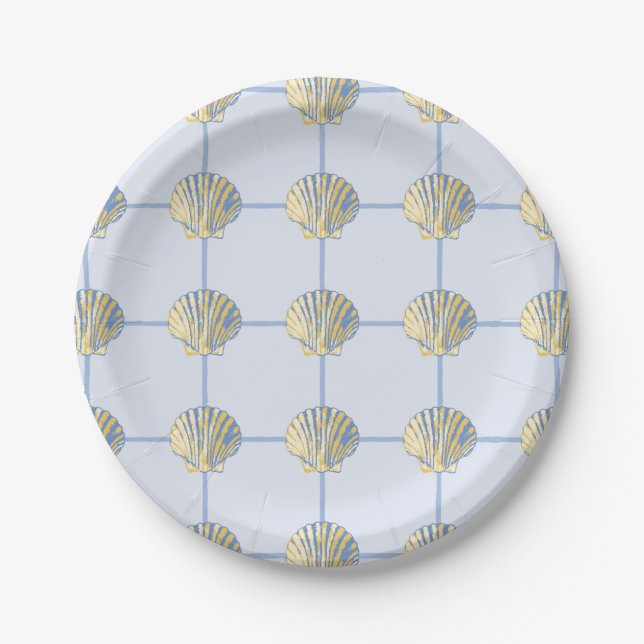 Coastal Yellow and Blue Painted Seashell Checkers Paper Plate (Front)