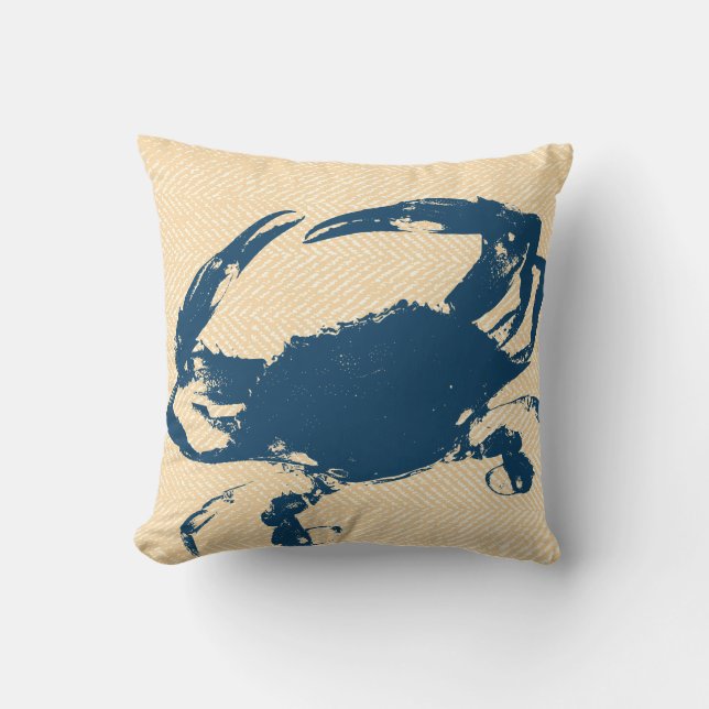 Coastal Yellow Herringbone & Blue Crab Cushion (Front)