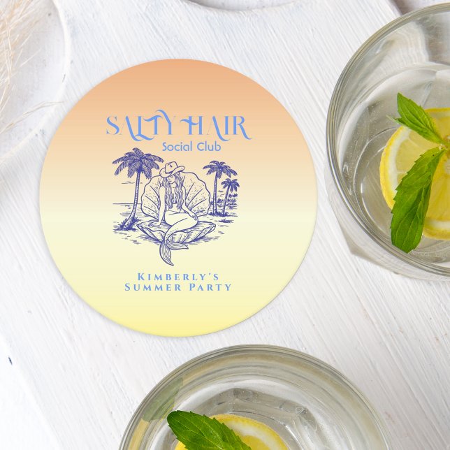 Coastal Yellow Mermaid Cowgirl Summer Party Round Paper Coaster (Creator Uploaded)