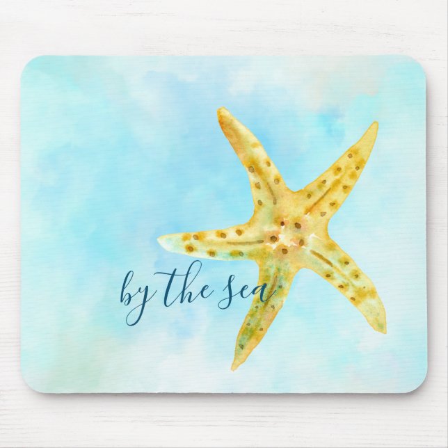 Coastal Yellow Starfish Aqua Watercolor            Mouse Pad (Front)