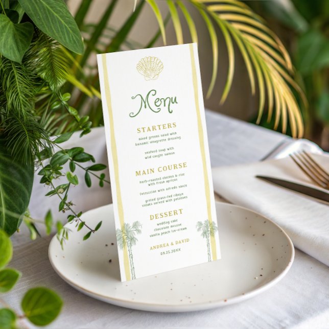 Coastal Yellow Stripes Seashell Palm Tree Wedding Menu (Creator Uploaded)