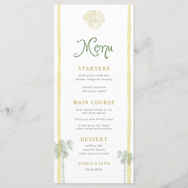 Coastal Yellow Stripes Seashell Palm Tree Wedding Menu (Front)