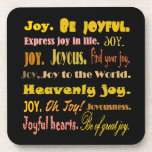 coaster joy collage<br><div class="desc">Joyful words coasters made with high-gloss plastic and a non-skid cork backing.  The yellow and gold letters pop against the black background. A collage of versions of the word JOY. Be joyful. Heavenly joy. Joyous. Joyousness. Joy to the World. Great for Christmas or anytime.</div>