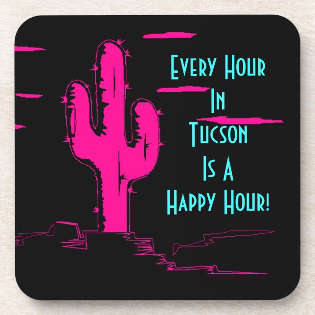 Coaster Neon Pink Saguaro Cactus Tucson Happy Hour (Front)