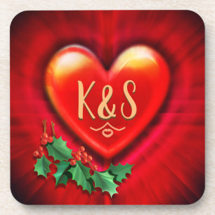 Coaster Red pulse heart custom monogram initial