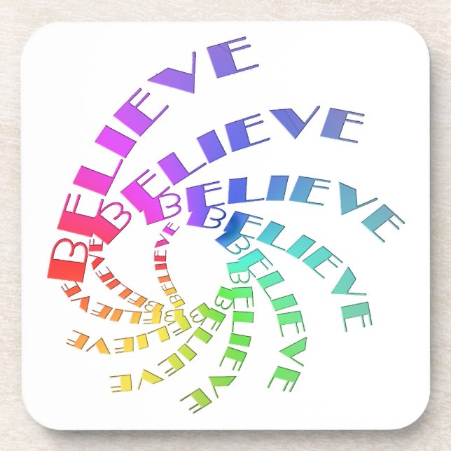 Coaster Set- BELIEVE Written in Multicolor Spirals (Front)