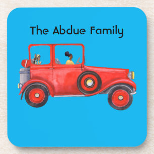 Coaster with Vintage Red Car & Black Family
