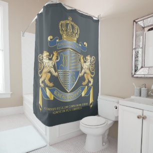 Coat of Arms Metallic Blue Gold Lion Ombre Emblem Shower Curtain