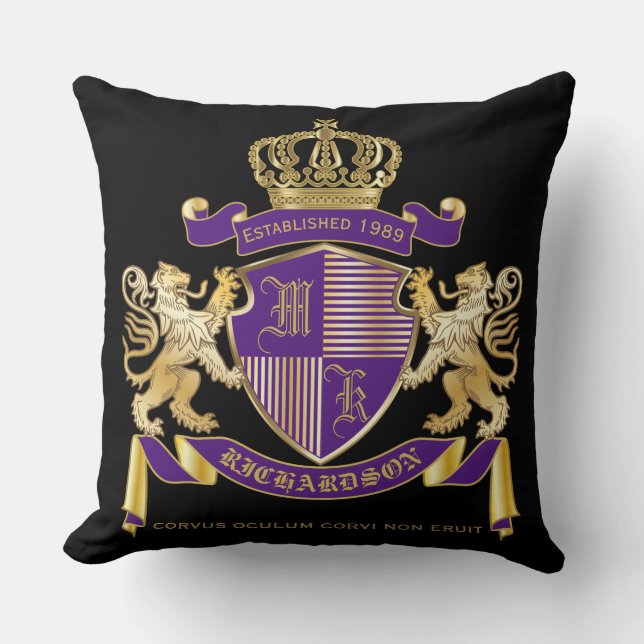 Coat of Arms Monogram Emblem Golden Lion Shield Cushion (Front)