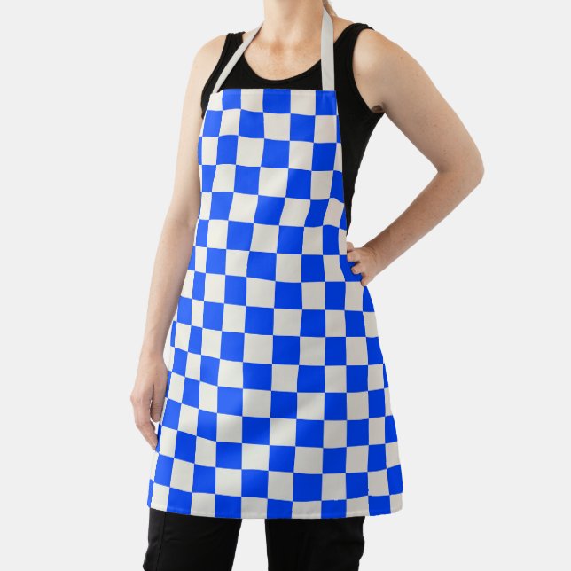 Cobalt and cream checkerboard pattern apron (Insitu)