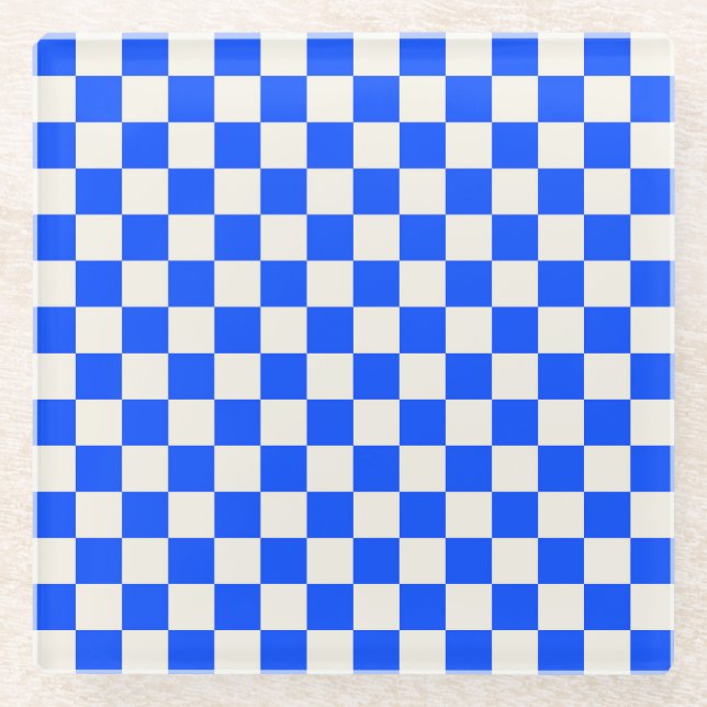 Cobalt and cream checkerboard pattern glass coaster (Front)