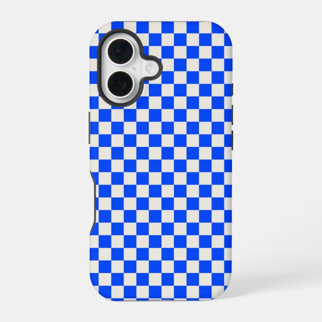 Cobalt and cream checkerboard pattern iPhone 16 case (Back)