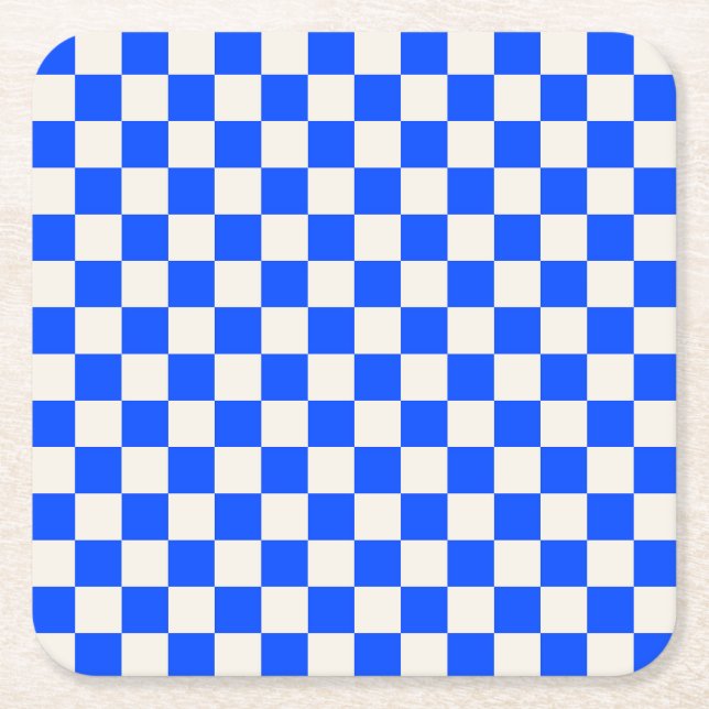 Cobalt and cream checkerboard pattern square paper coaster (Front)