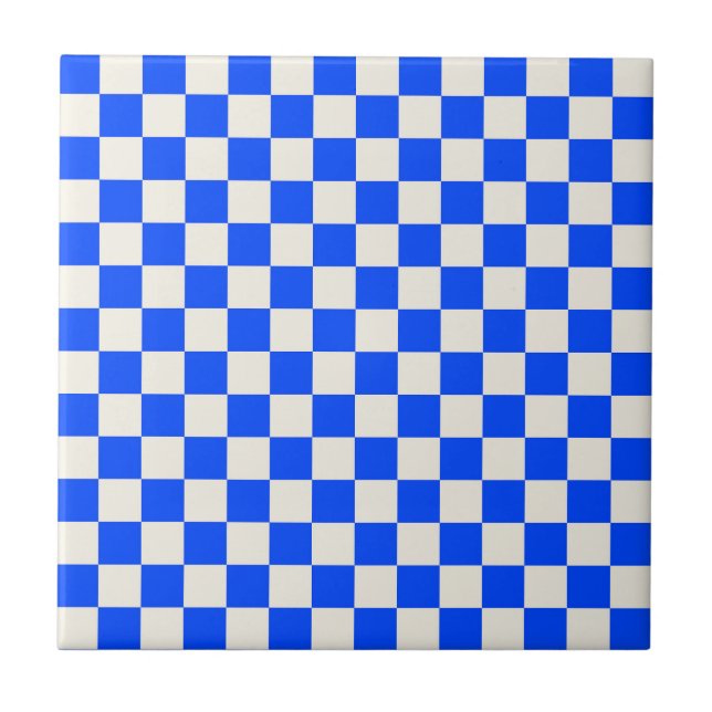 Cobalt and cream chequerboard pattern ceramic tile (Front)