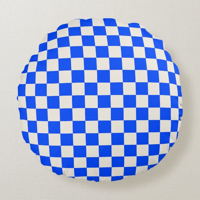 Cobalt and cream chequerboard pattern round cushion (Front)
