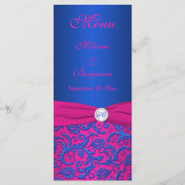 Cobalt and Fuchsia Damask Menu Card (Front)