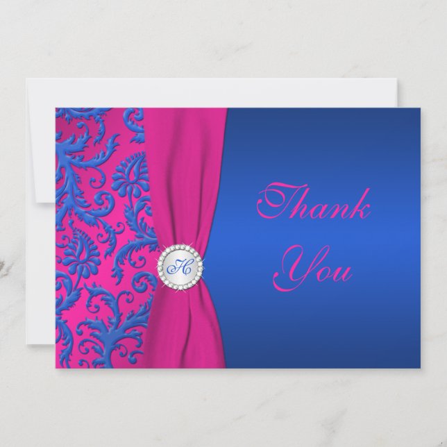 Cobalt and Fuchsia Damask Monogram Thank You Card (Front)