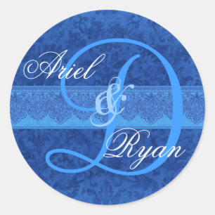 Cobalt and Sky Blue Damask Wedding Monogram V2 Classic Round Sticker