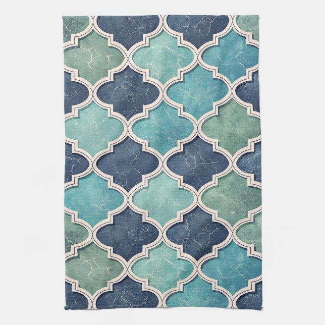 Cobalt and Teal Quatrefoil - Mediterranean Mosaic Tea Towel (Vertical)