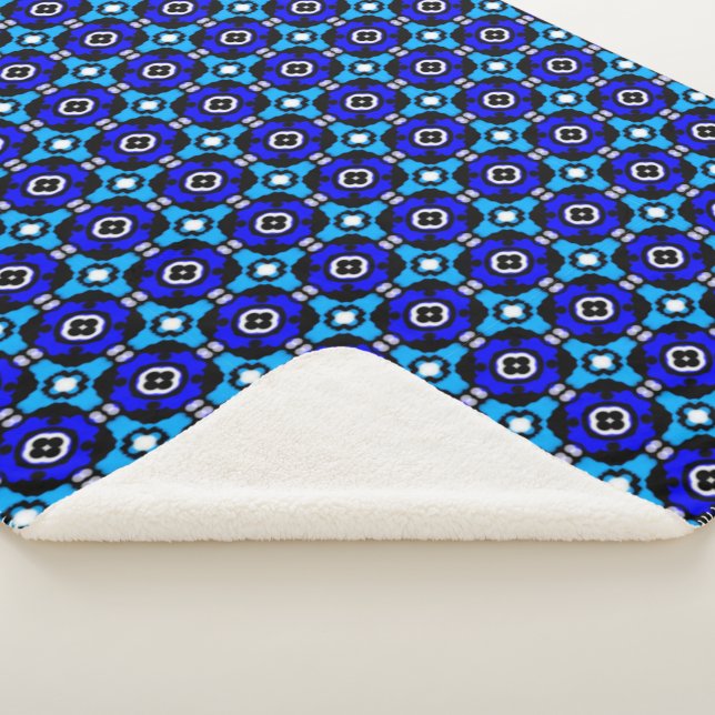 Cobalt and Turquoise Blue Parquet Tile Pattern Sherpa Blanket (3/4)
