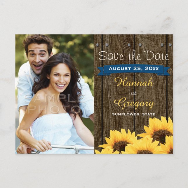 COBALT BLU RUSTIC SUNFLOWER SAVE THE DATE POSTCARD (Front)