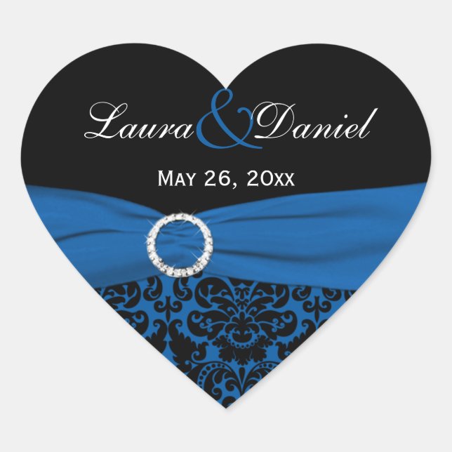 Cobalt Blue and Black Damask 1.5" Heart Sticker (Front)