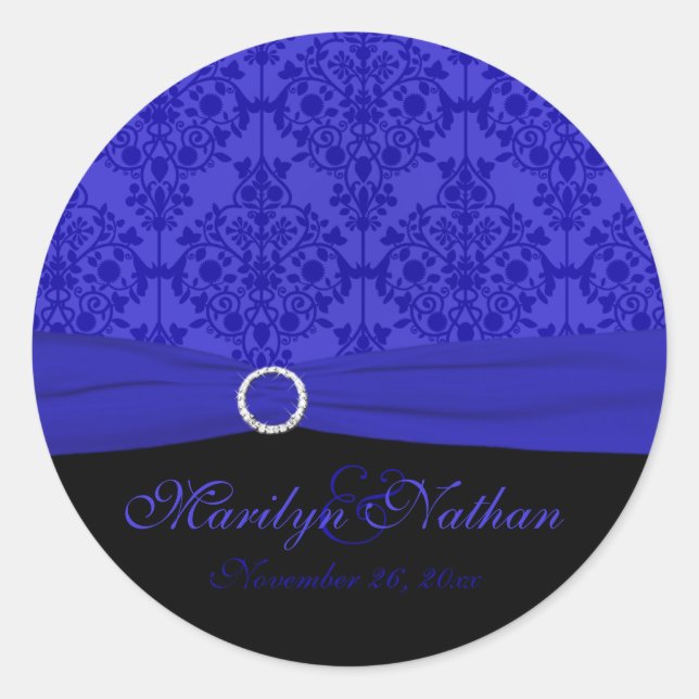 Cobalt Blue and Black Damask 1.5" Round Sticker (Front)