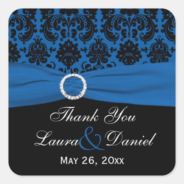 Cobalt Blue and Black Damask 1.5" Square Sticker (Front)