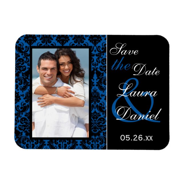 Cobalt Blue and Black Damask Save the Date Magnet (Horizontal)