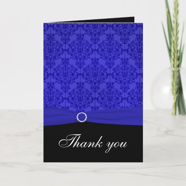 Cobalt Blue and Black Damask Thank You Card (Front)