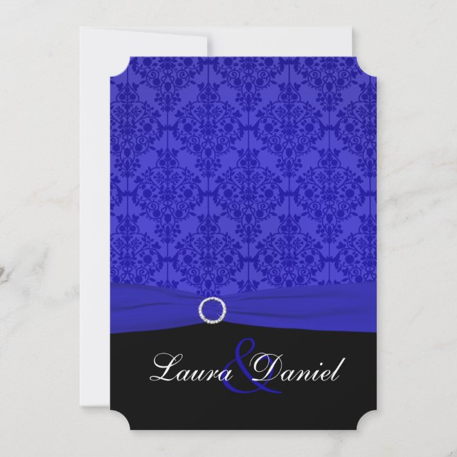 Cobalt Blue and Black Damask Wedding Invitation (Front)