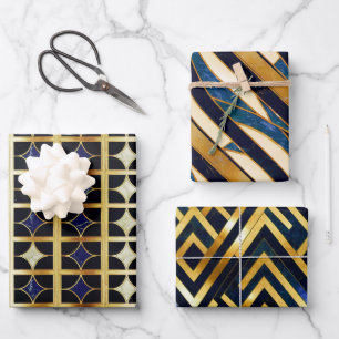Cobalt Blue and Gold Art Deco Marble pattern Wrapping Paper Sheet