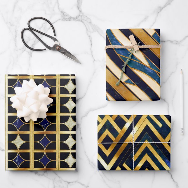 Cobalt Blue and Gold Art Deco Marble pattern Wrapping Paper Sheet (Front)