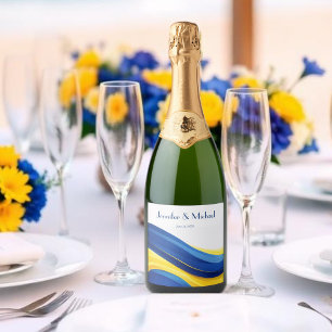 Cobalt Blue and Lemon Yellow Modern Wedding Sparkling Wine Label