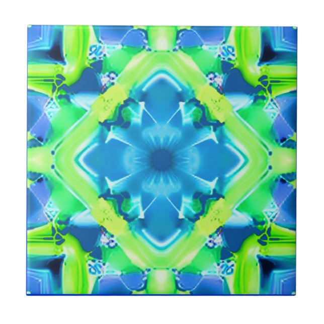 Cobalt Blue and Lime Green Tie Dye Pattern  Ceramic Tile (Front)