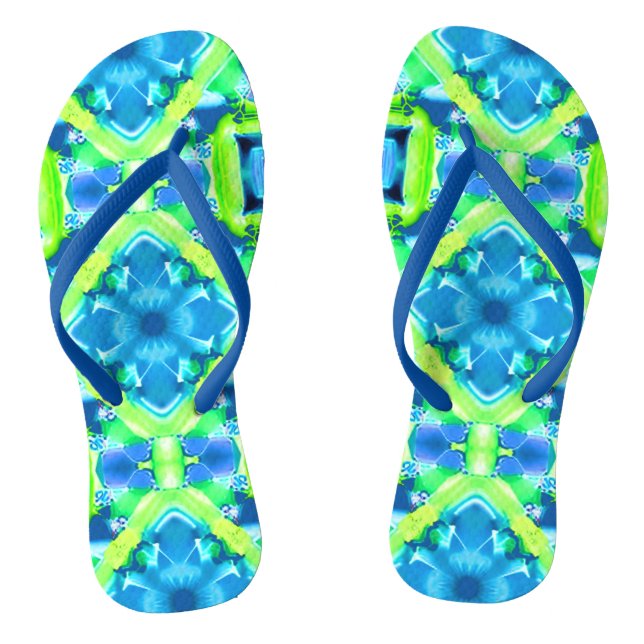 Cobalt Blue and Lime Green Tie Dye Pattern Thongs (Footbed)