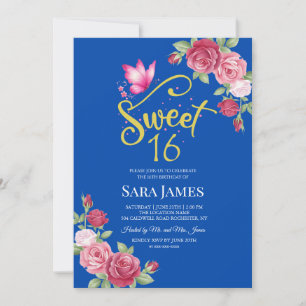 Cobalt Blue and Pink Floral Sweet 16 Birthday Invitation