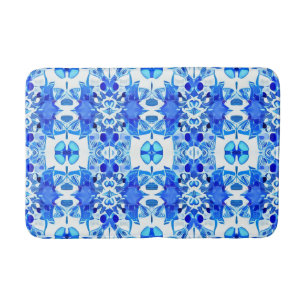 Cobalt Blue and White Batik Tile Pattern  Bath Mat